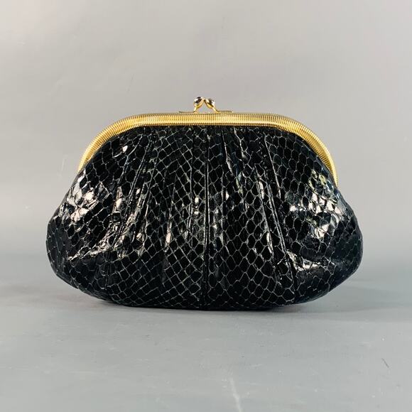 Vintage Black Gold Tone Snakeskin Leather Kiss Lock Evening Handbag - Picture 3 of 10
